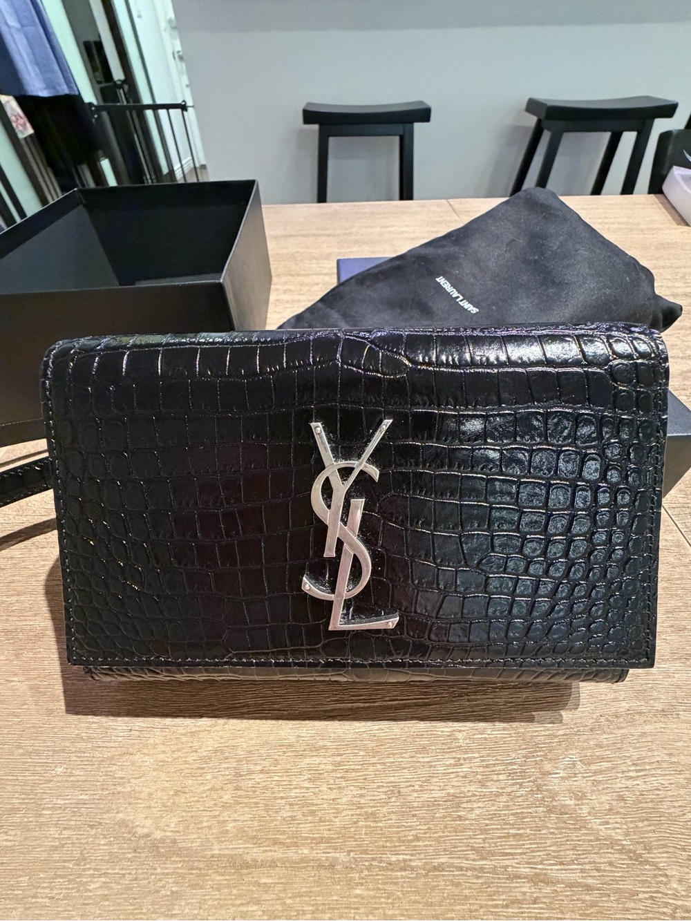 YSL Calfskin Crocodile Embossed Monogram Kate Belt Bag Black - Picture 3 of 11
